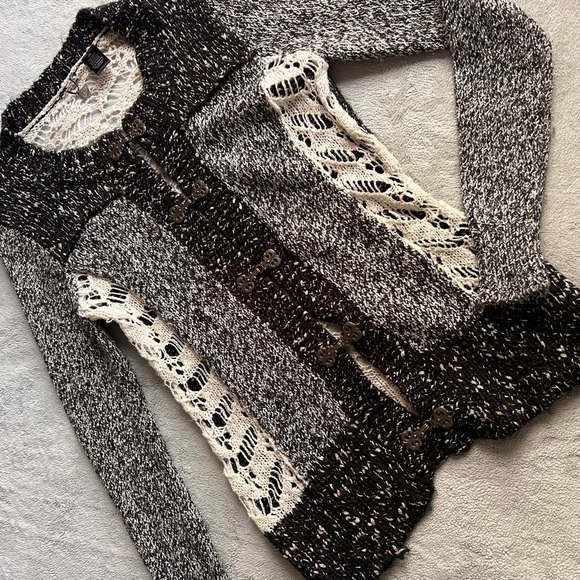 BKE Sweaters - BKE Boutique Buckle Metallic Open Weave Hook Wool Blend Cardigan Sweater XS